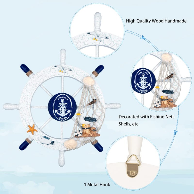 Meching 2 Pack 11" Nautical Beach Wooden Ship Wheel and 11" Wooden Anchor with Rope Nautical Boat Steering Wheel Rudder Anchor Wall Art Decor Door Hanging Ornament Beach Theme Home Decoration(White&Blue) - Image 4